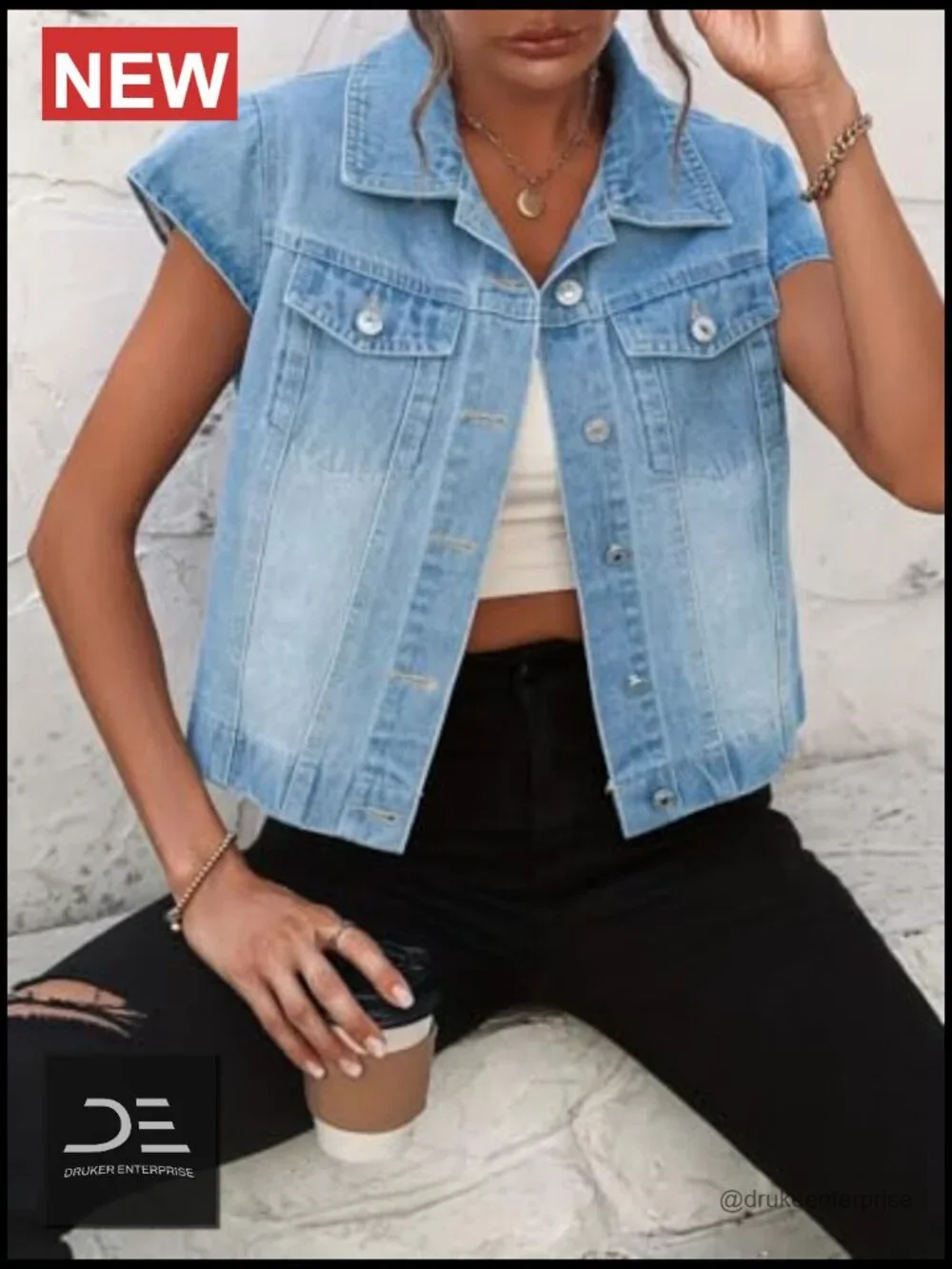 Vintage Denim Vest Button Down Short Sleeve Jean Waistcoat Jacket